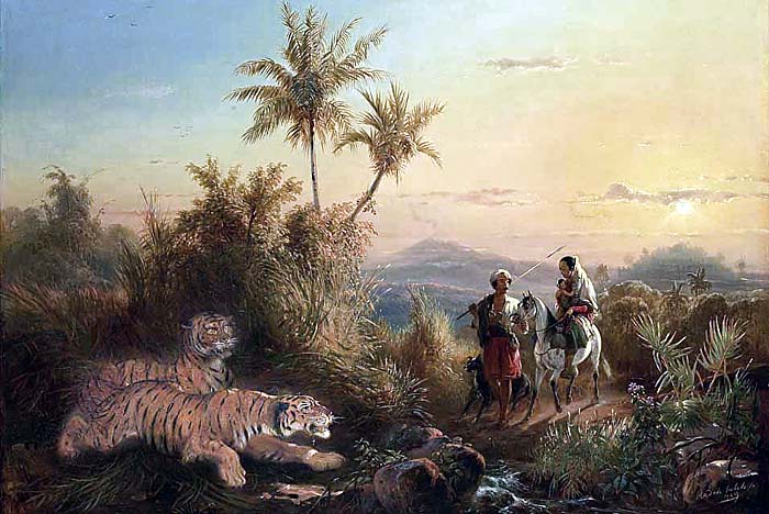 Painting of Tigers sneaking at Travellers by Raden Saleh